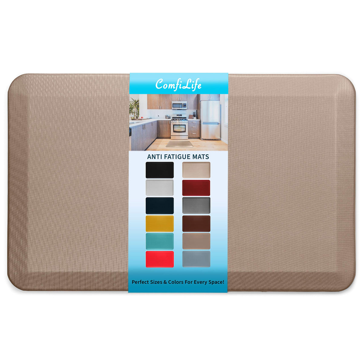 ComfiLife anti-fatigue mat in rose gold, front view, cushions feet during long kitchen tasks.