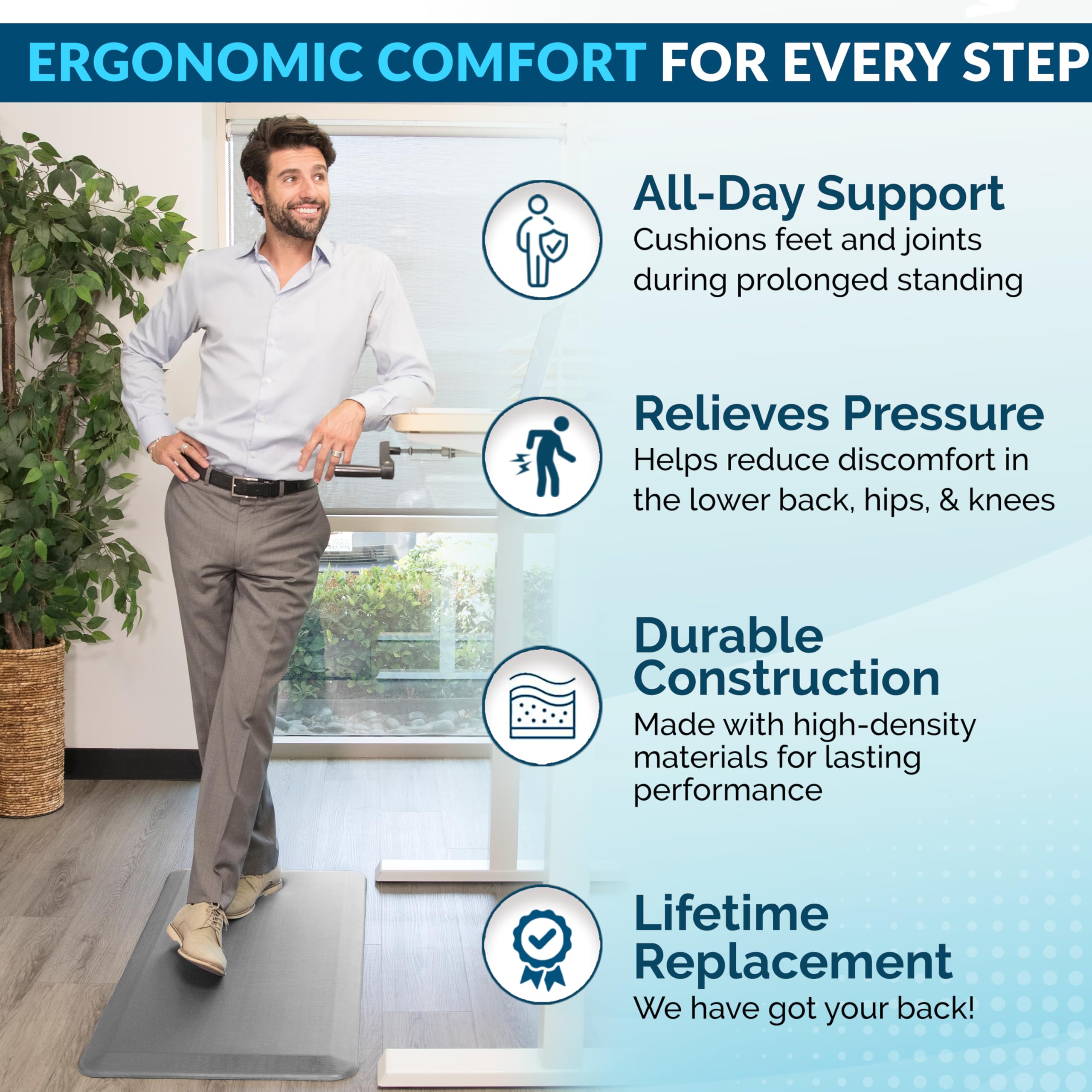 ComfiLife kitchen mat for dishwashing area reduces foot fatigue.