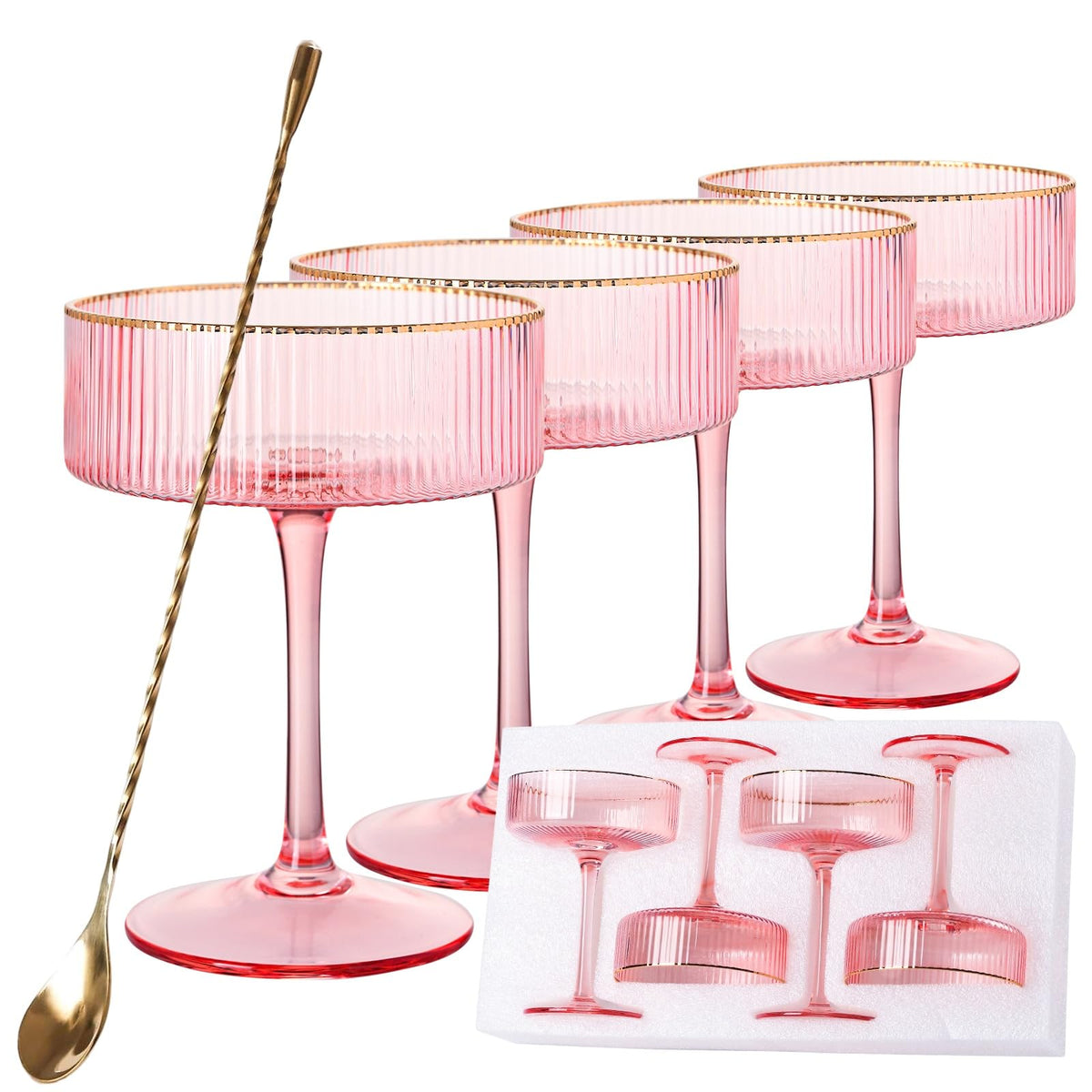 Comfit pink martini glasses with gold rim in a 4-pack for stylish entertaining
