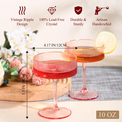 Close-up of comfit pink ribbed cocktail glass highlighting texture