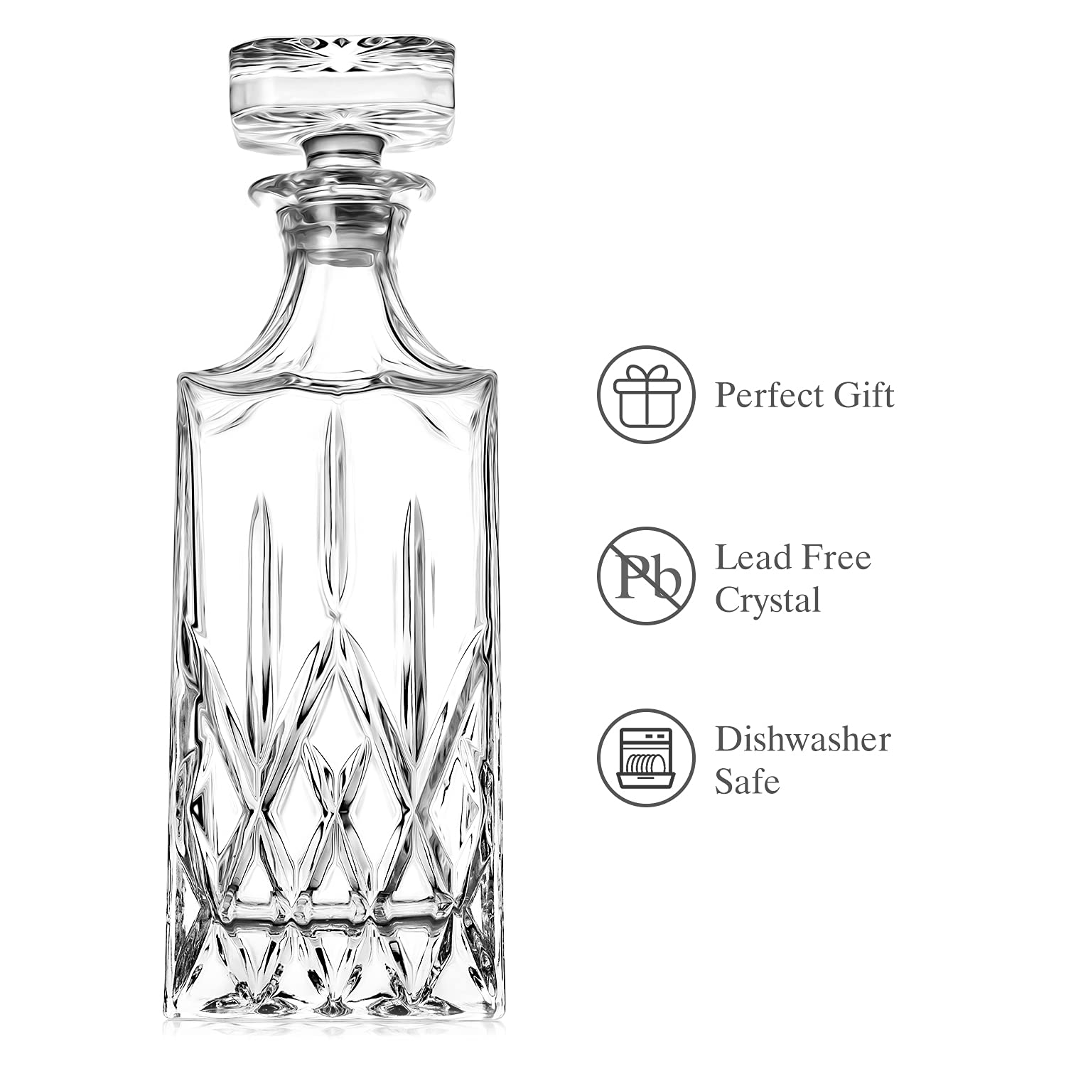 Comfome lead-free crystal decanter highlights clarity for spirits.