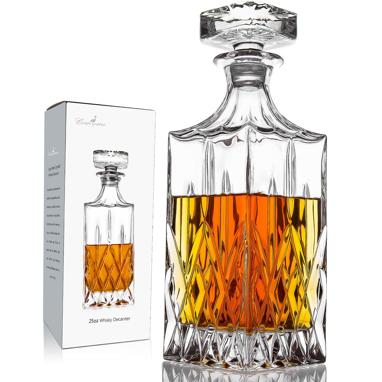 Comfome whiskey decanter with glass stopper, 25 oz, premium home bar display.