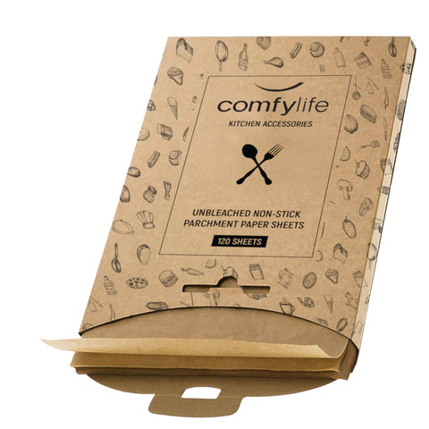 Comfylife parchment paper sheets cut to half-sheet size for easy release.