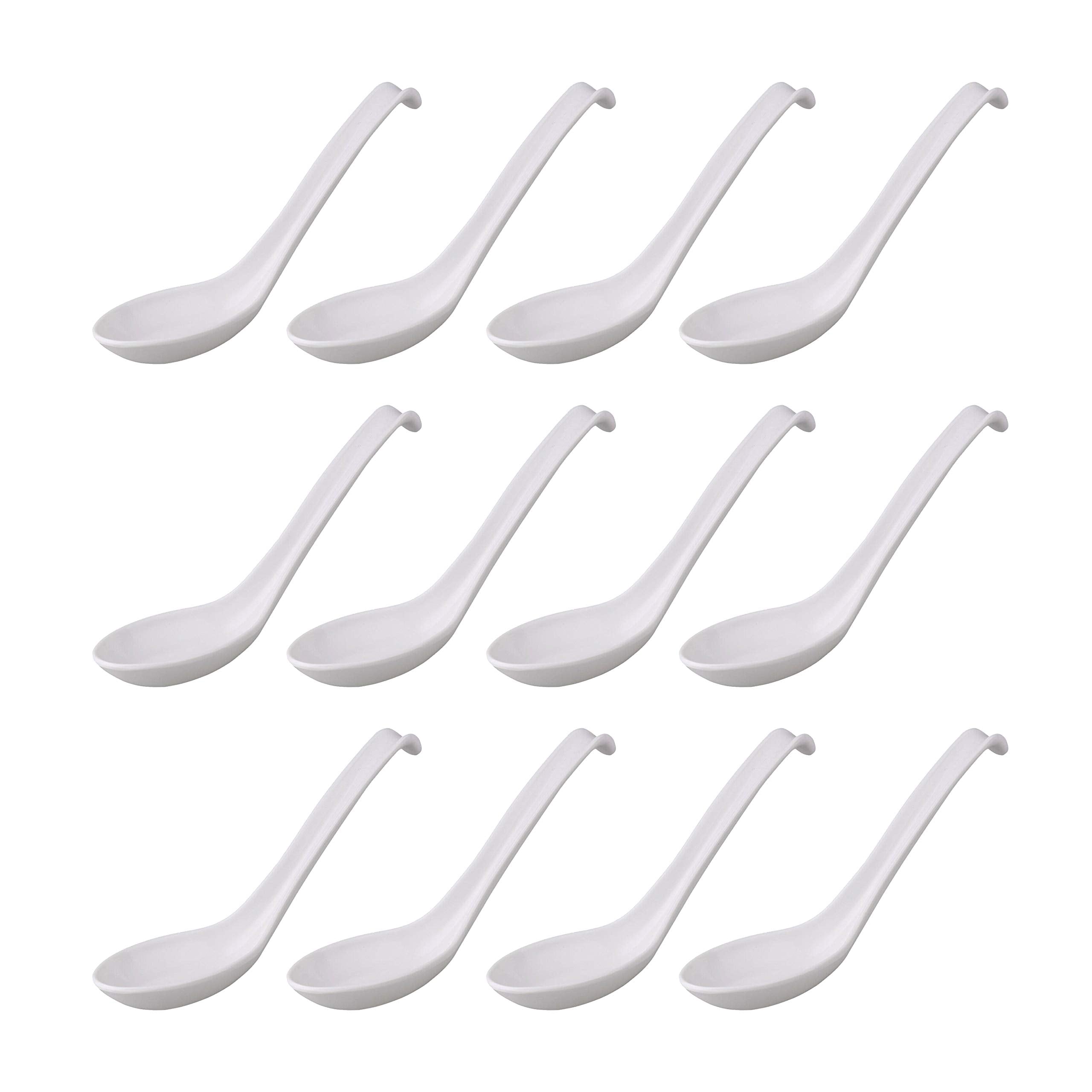 Comicfs Asian soup spoons with hook-style white handles for secure scooping and easy dining.