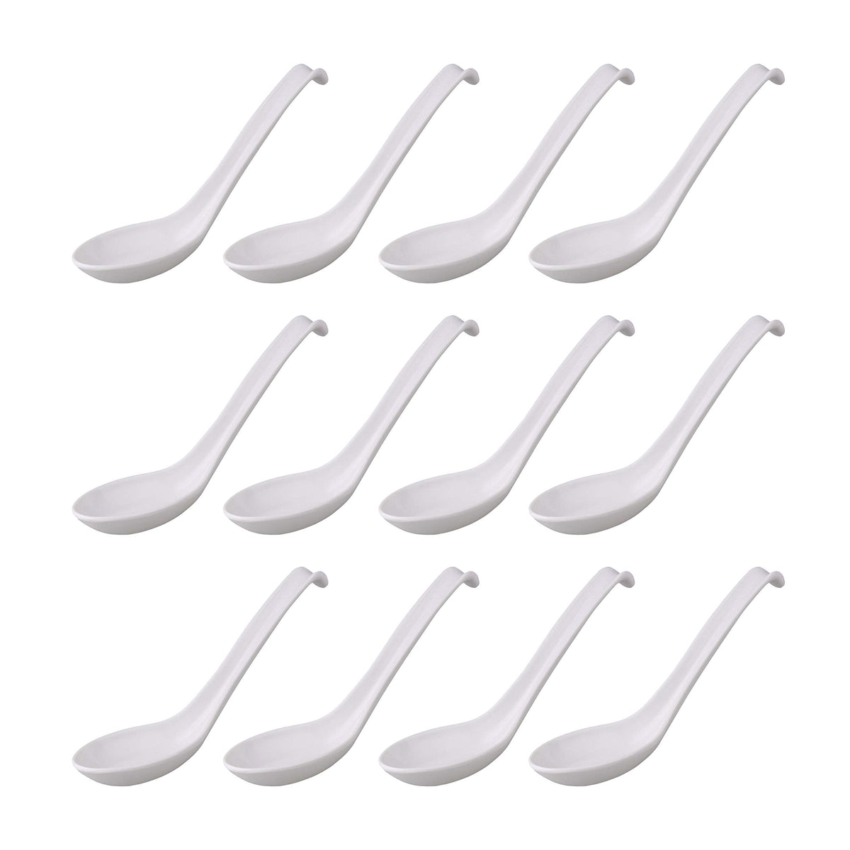 Comicfs Asian soup spoons with hook-style white handles for secure scooping and easy dining.