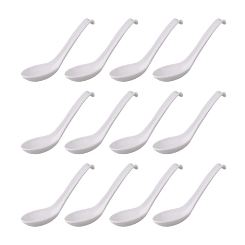 Comicfs Asian soup spoons with hook-style white handles for secure scooping and easy dining.