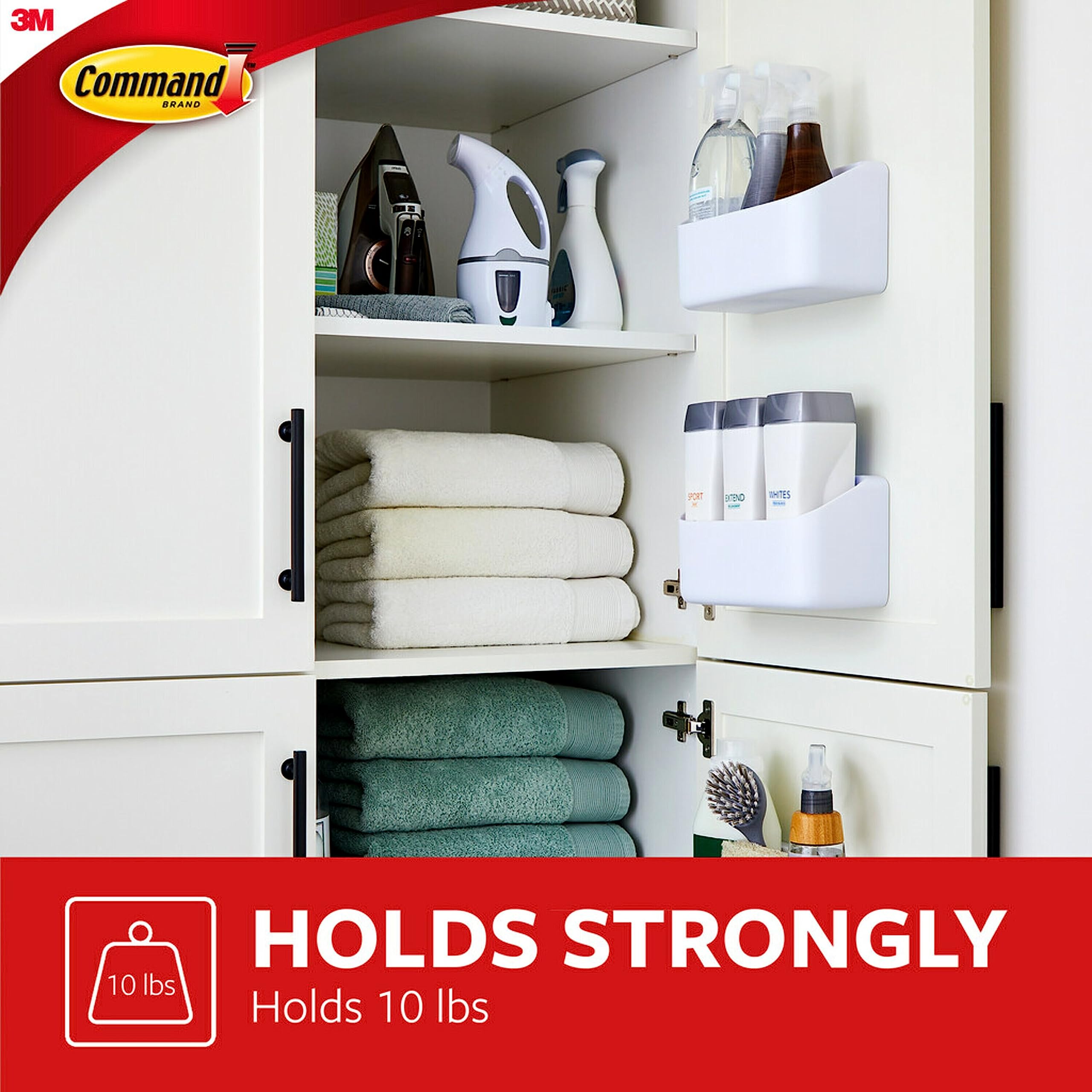 Closet setup featuring Command Caddy storing sprays and tools to maximize space.