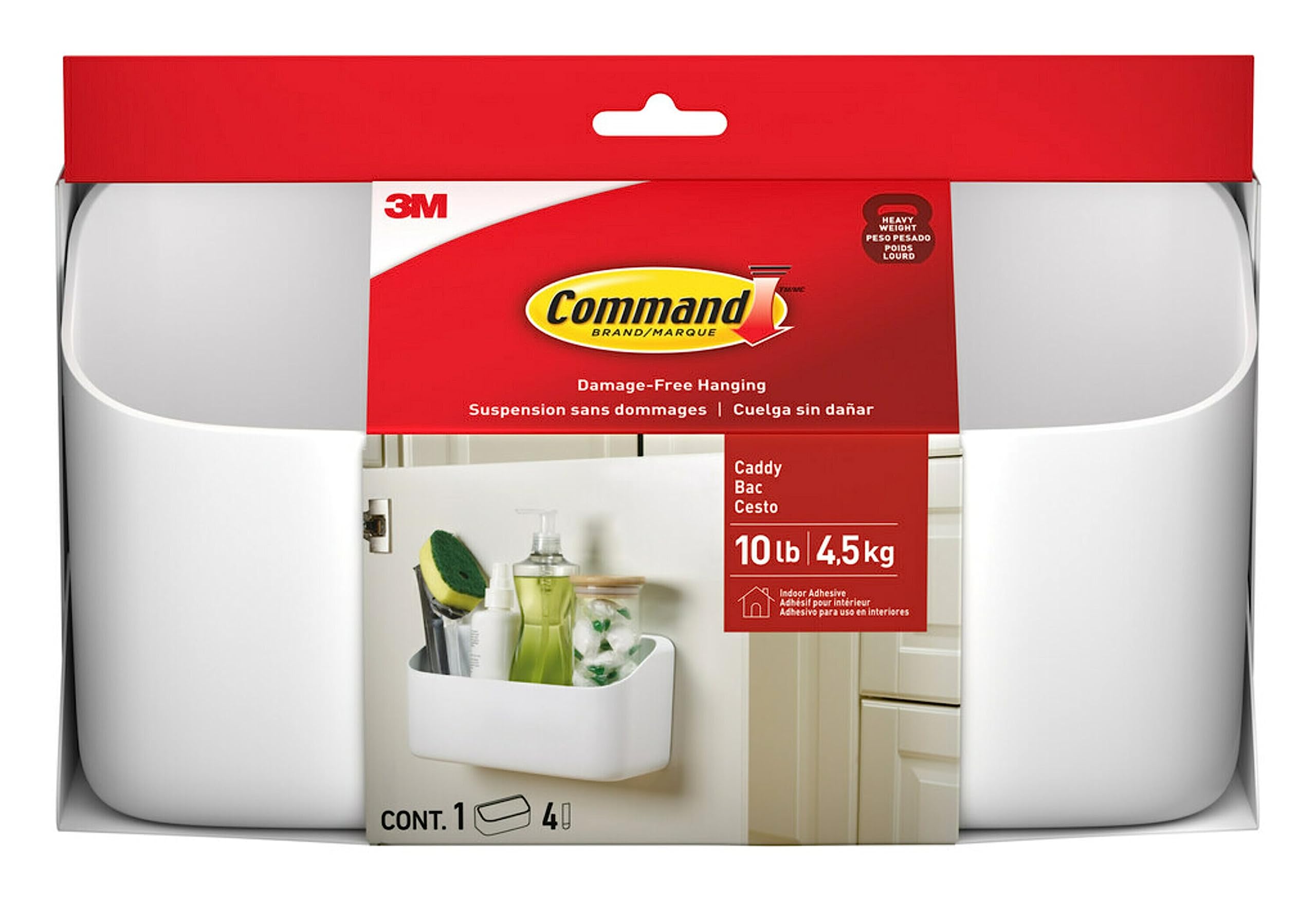 Command Organizing Caddy mounted on wall with heavy cleaning supplies, no wall damage.