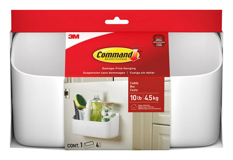 Command Organizing Caddy mounted on wall with heavy cleaning supplies, no wall damage.