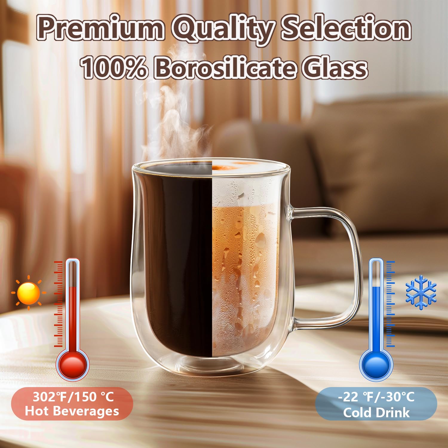 COMOME borosilicate glass mug provides clear view of drink layers and durability