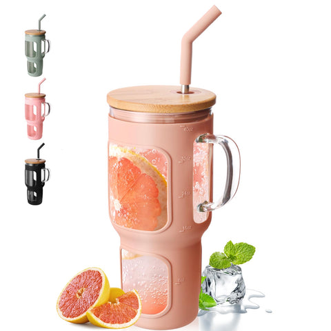 COMOOO 40oz glass tumbler with handle and bamboo lid for on-the-go hydration.