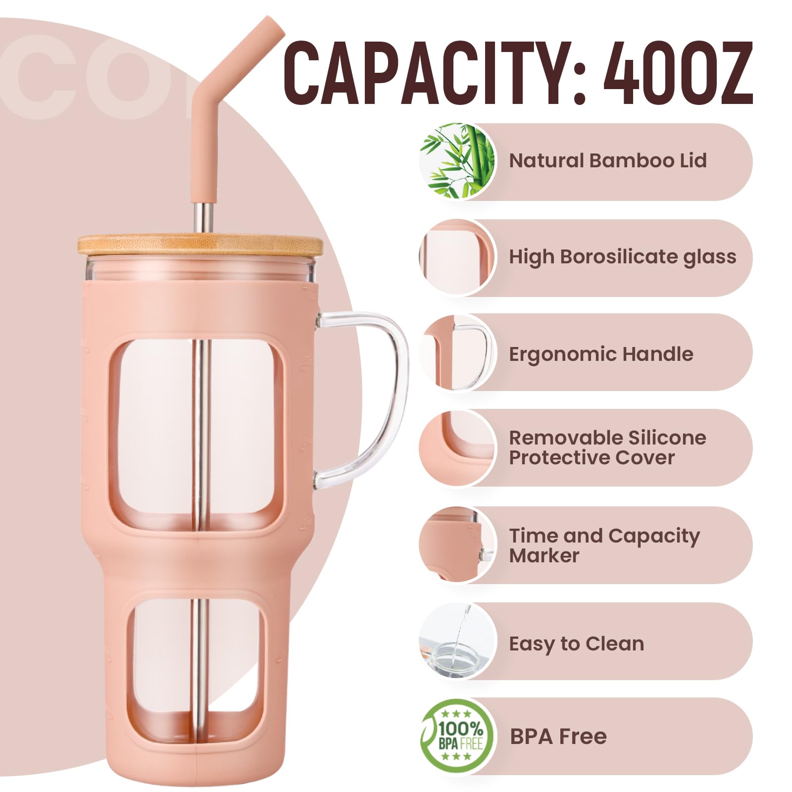 COMOOO tumbler with silicone sleeve for secure grip and spill prevention.