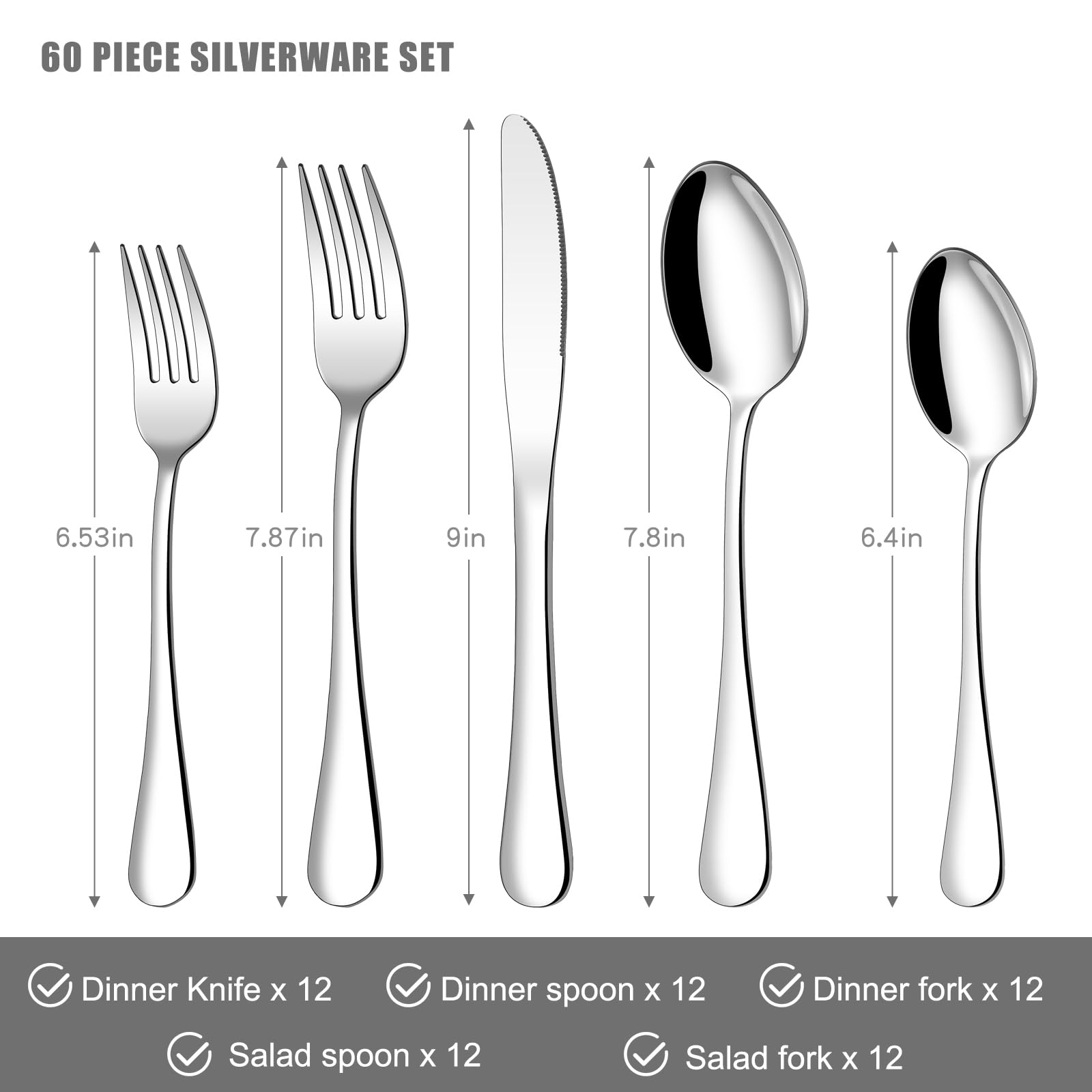 Compralo 60-piece silverware set with dinner knives for everyday dining.