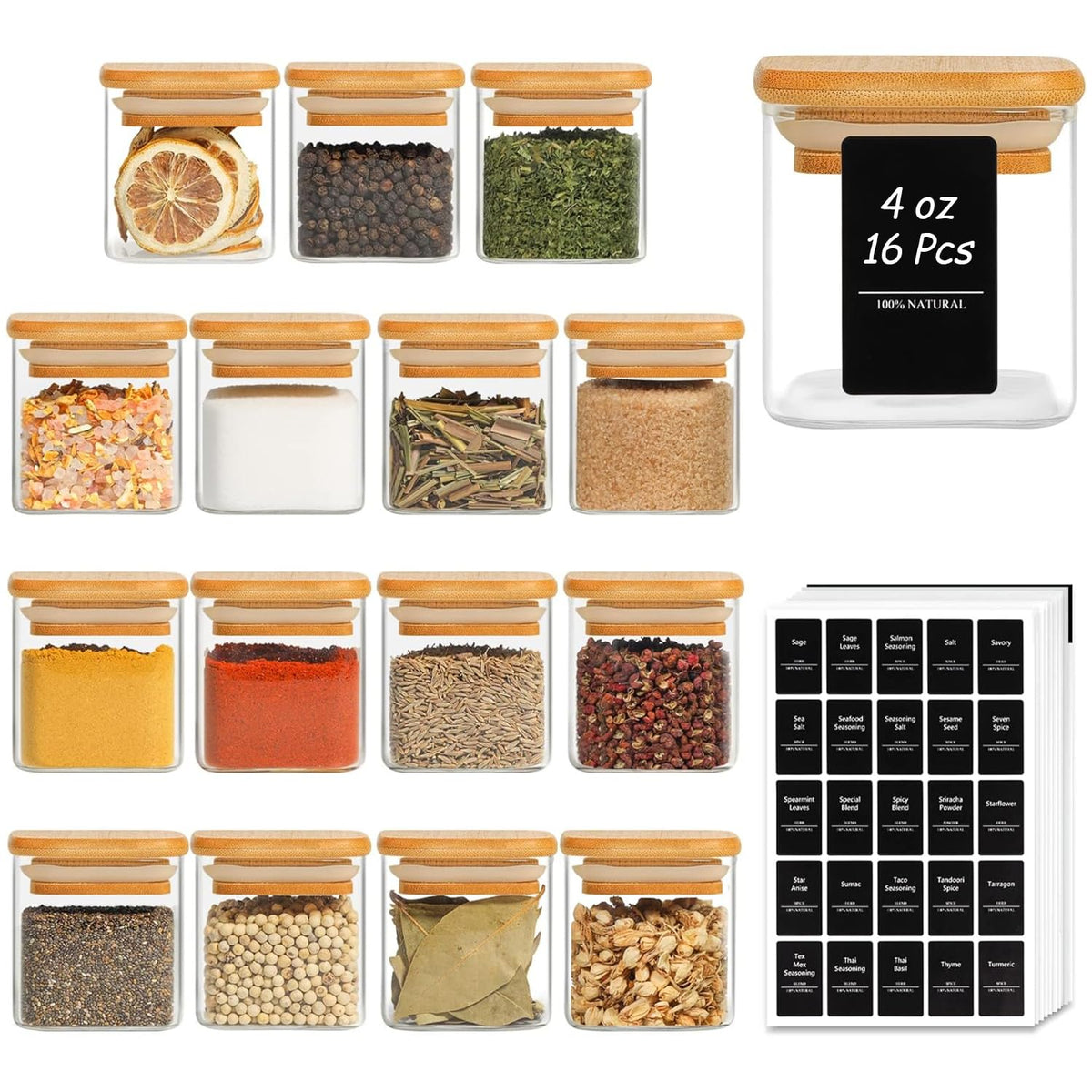 ComSaf 16Pcs Glass Spice Jars with Bamboo Lids for clear visibility and freshness