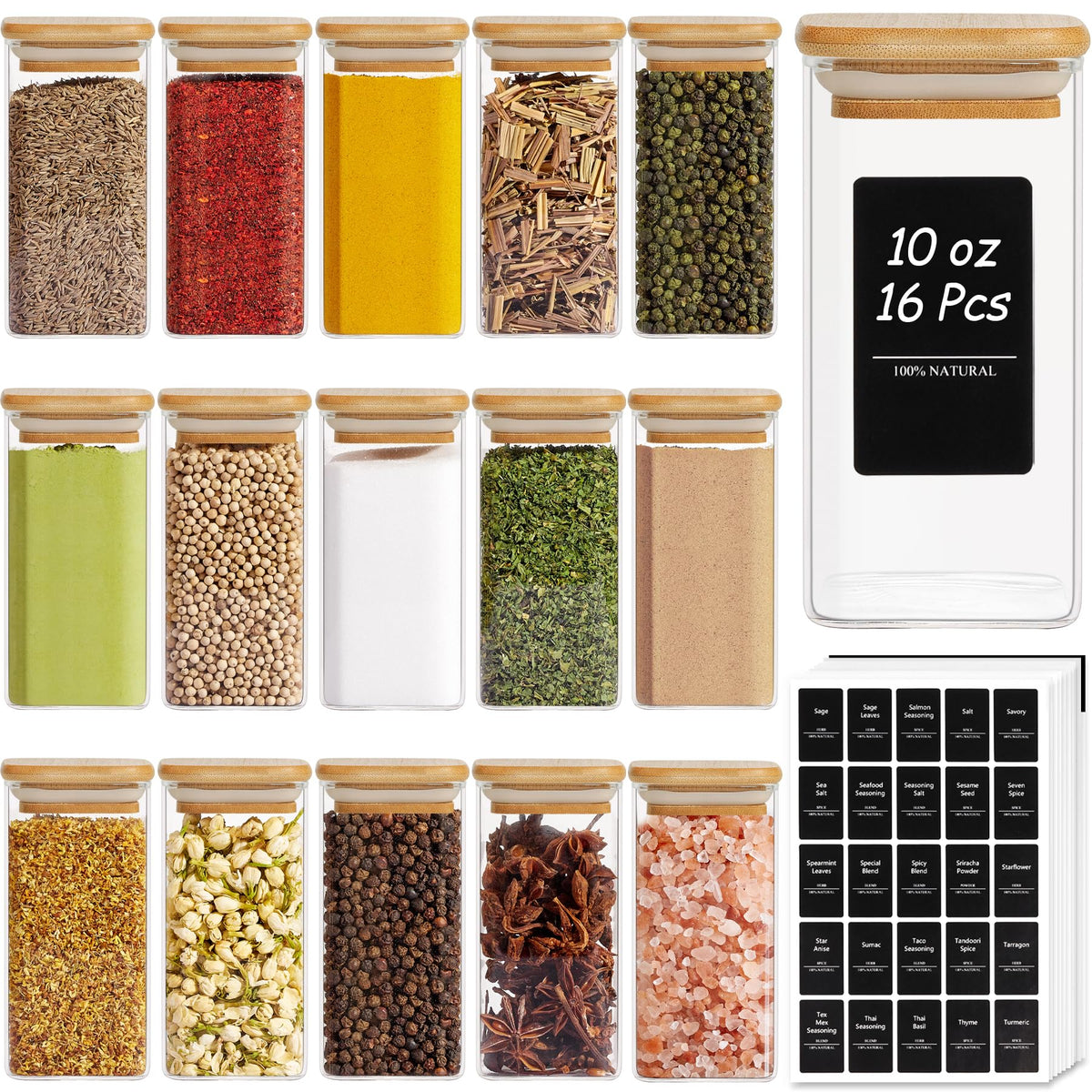 ComSaf 16Pcs glass spice jars with square body and bamboo lids for organized storage