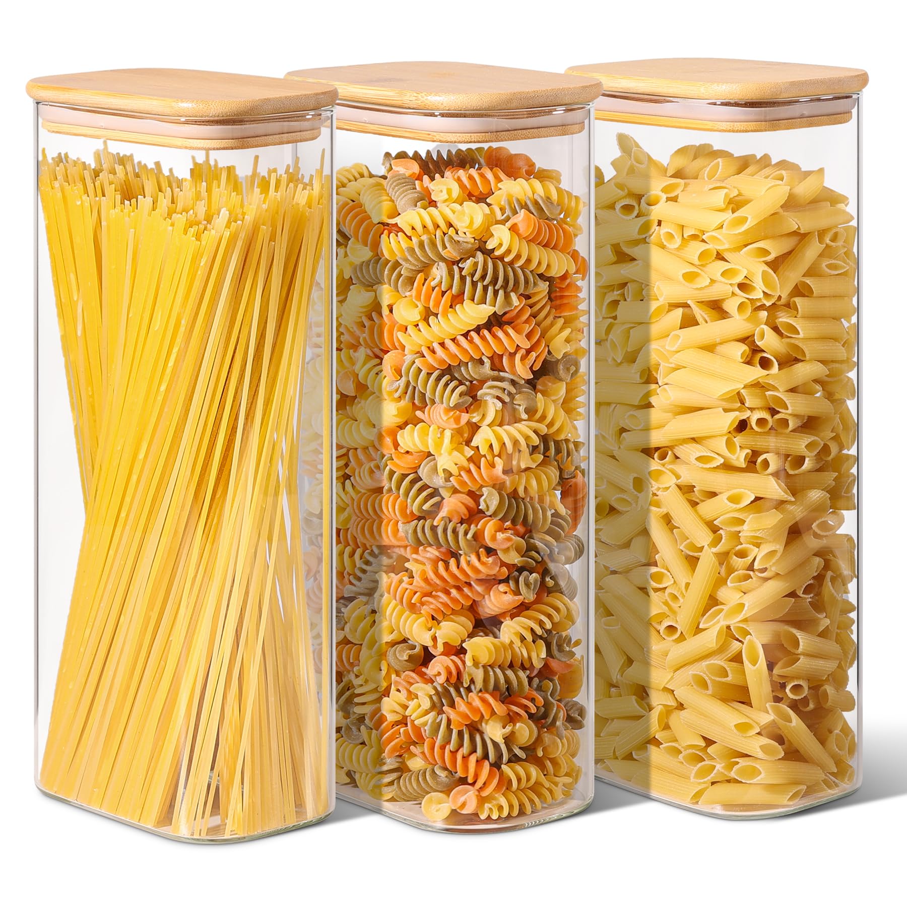 ComSaf 2.2 Qt rectangle glass storage with bamboo lid for pantry organization.