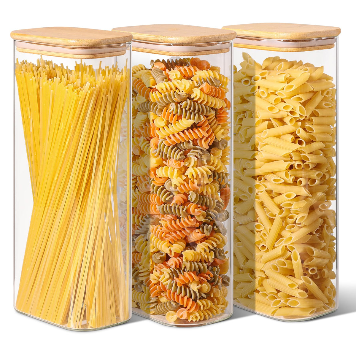 ComSaf 2.2 Qt rectangle glass storage with bamboo lid for pantry organization.