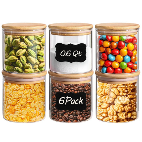 ComSaf airtight glass jars with wooden lids, front view for organized pantry storage