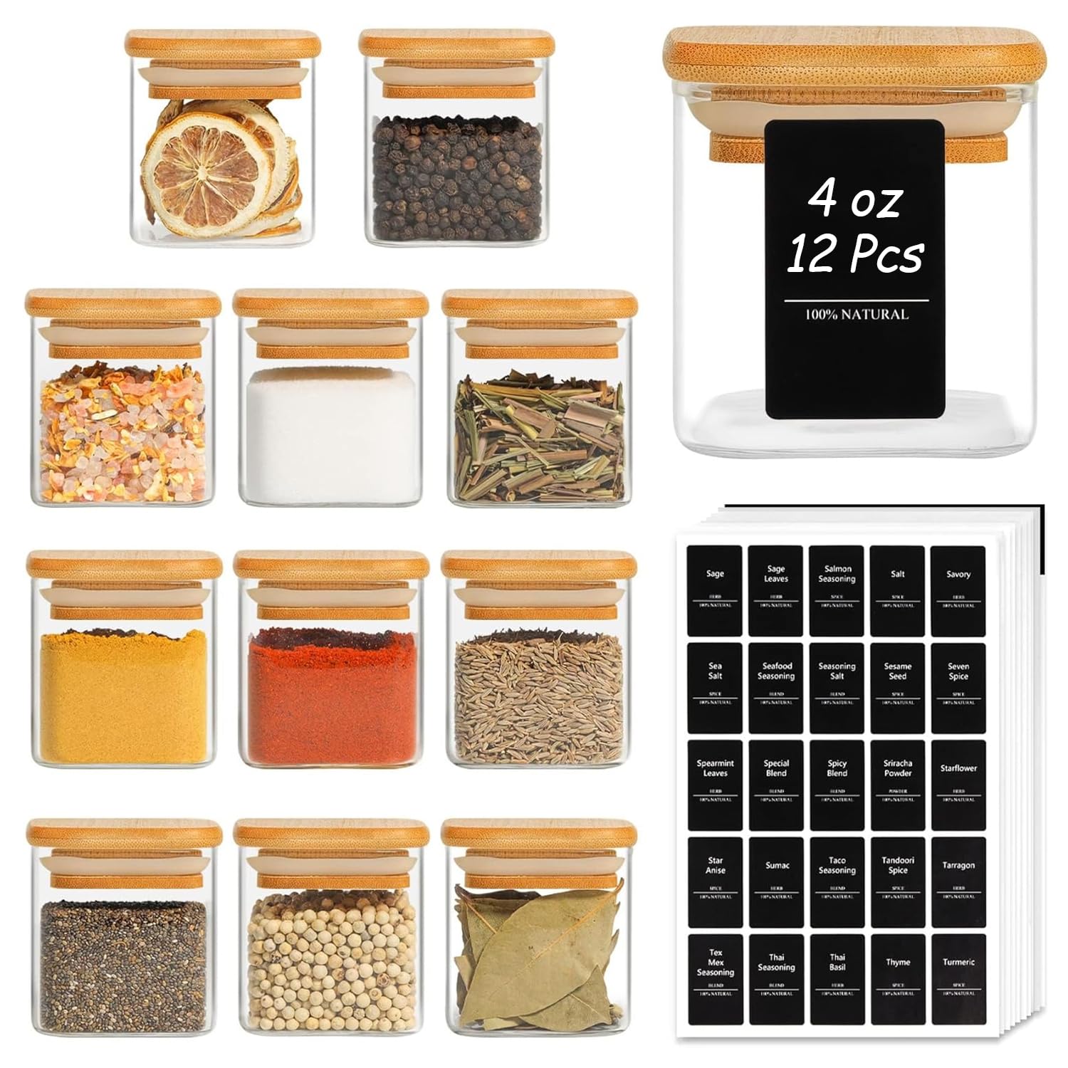 ComSaf glass spice jars with bamboo lid shown for organized kitchen storage