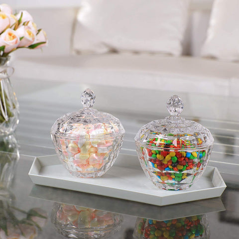 ComSaf glass candy dish used as a jewelry box on a vanity