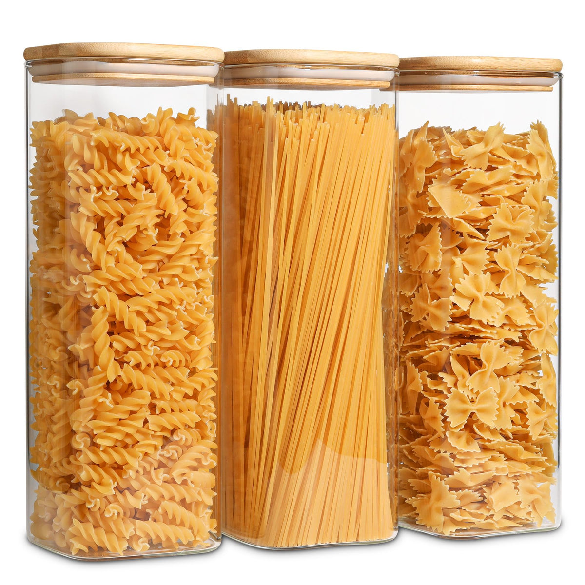 ComSaf glass spaghetti storage jar front view shows tall clear design for visibility