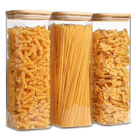 ComSaf glass spaghetti storage jar front view shows tall clear design for visibility