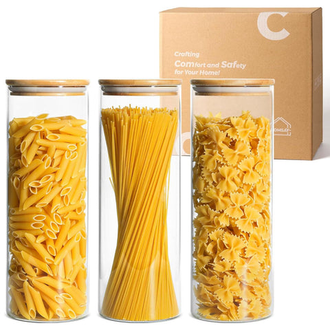 ComSaf glass spaghetti storage jar with airtight lid keeps pasta fresh and visible.