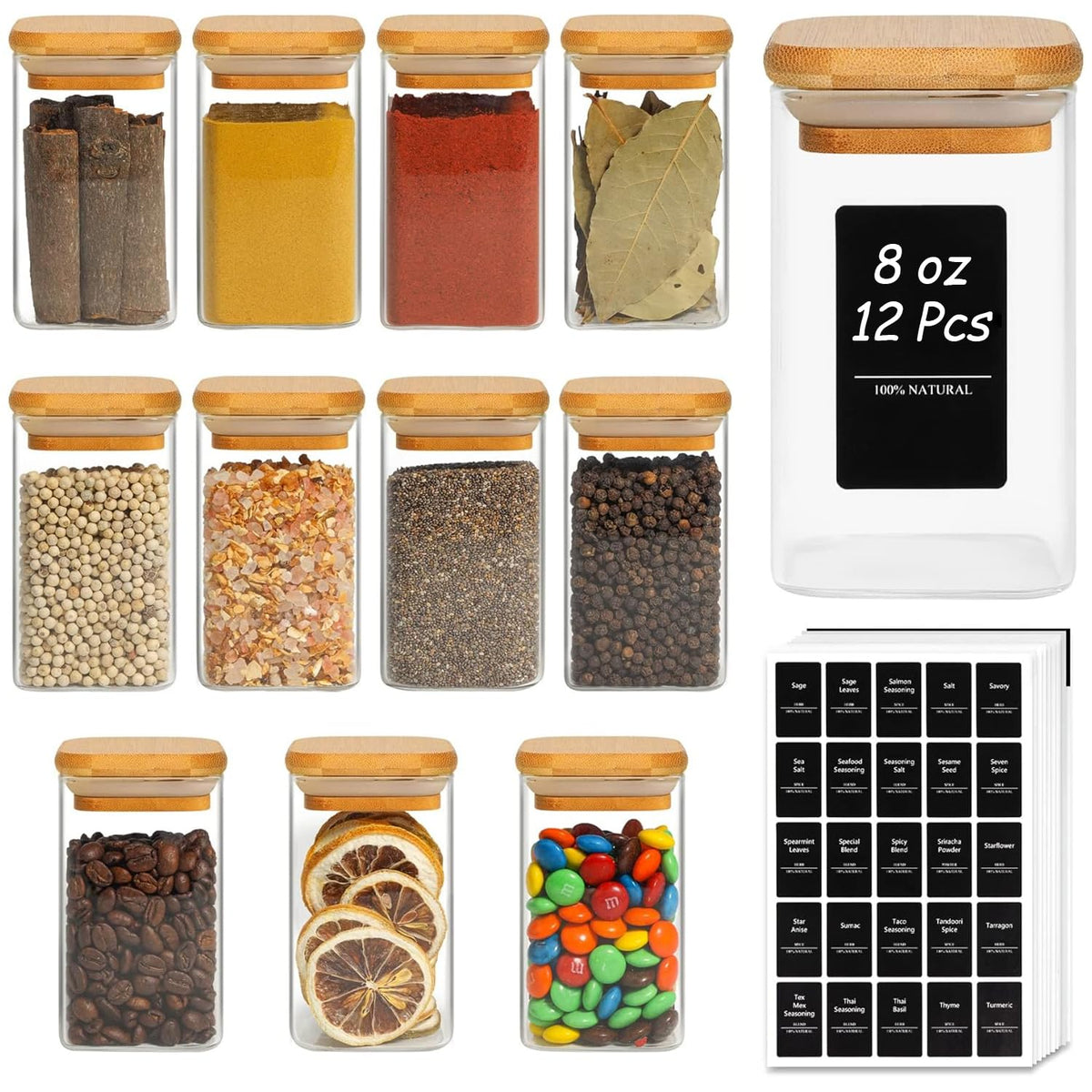 ComSaf glass spice jar with bamboo lid on a bright countertop for organized storage.