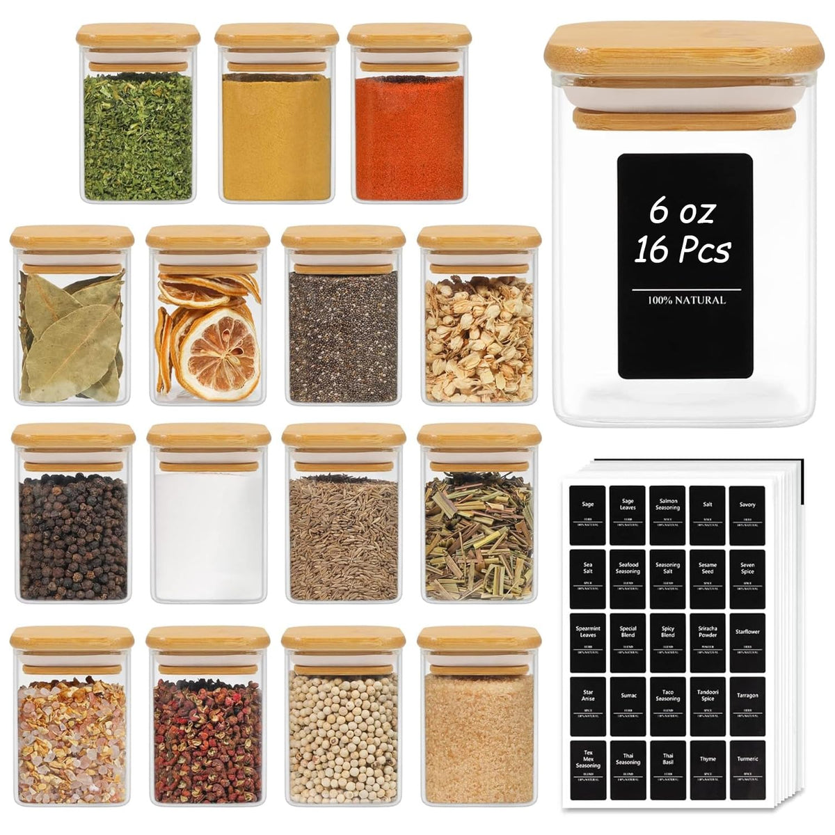 ComSaf glass spice jars with bamboo lids in a tidy cabinet for organized spices