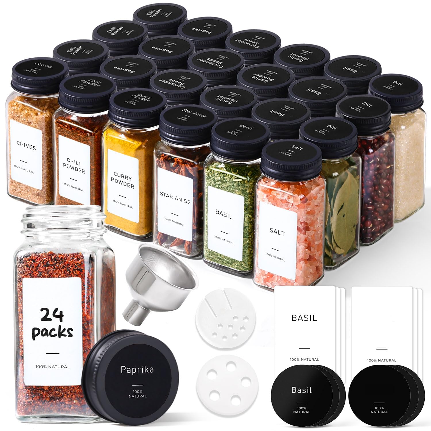 ComSaf glass spice jars on a shelf offer organized storage and easy access.