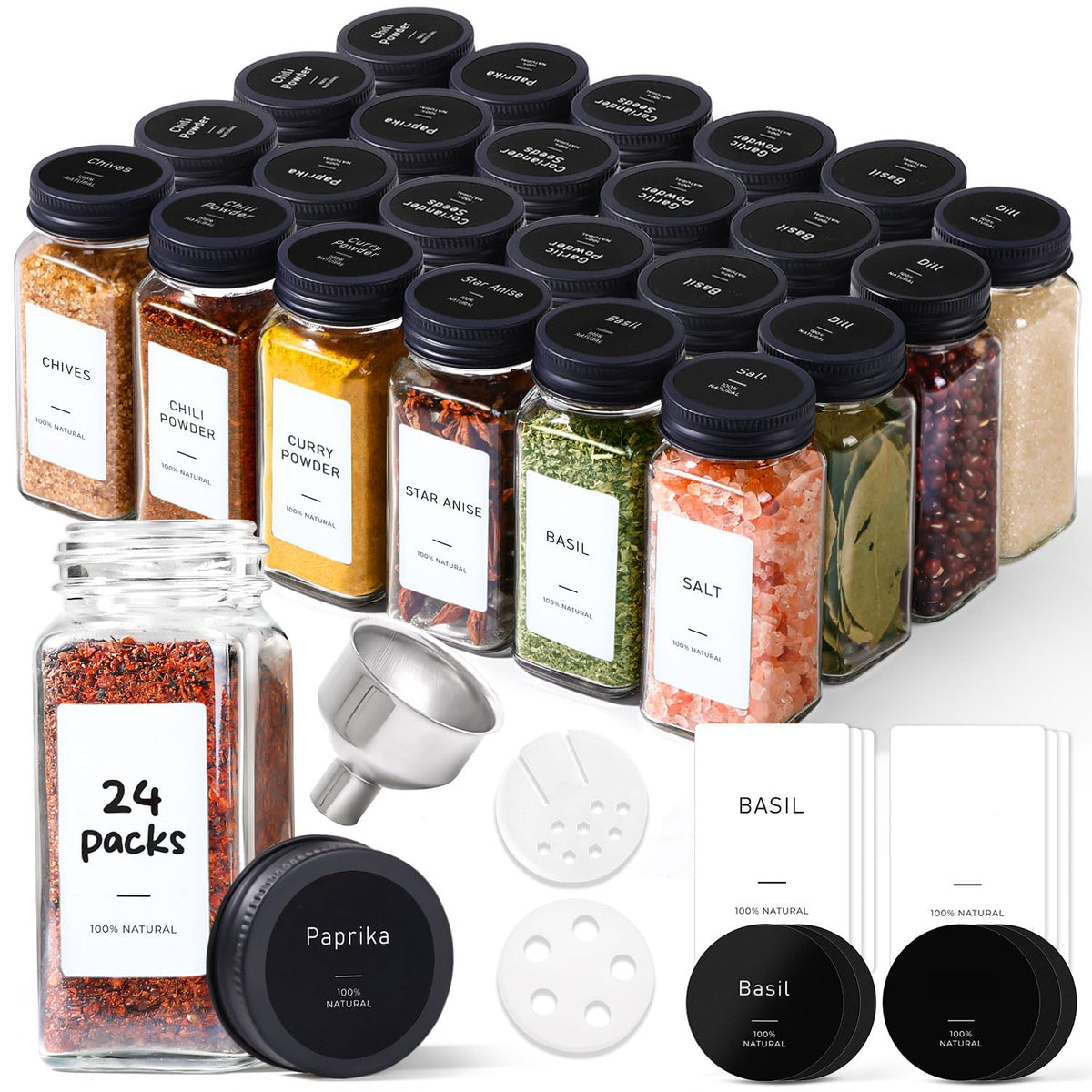 ComSaf glass spice jars on a shelf offer organized storage and easy access.