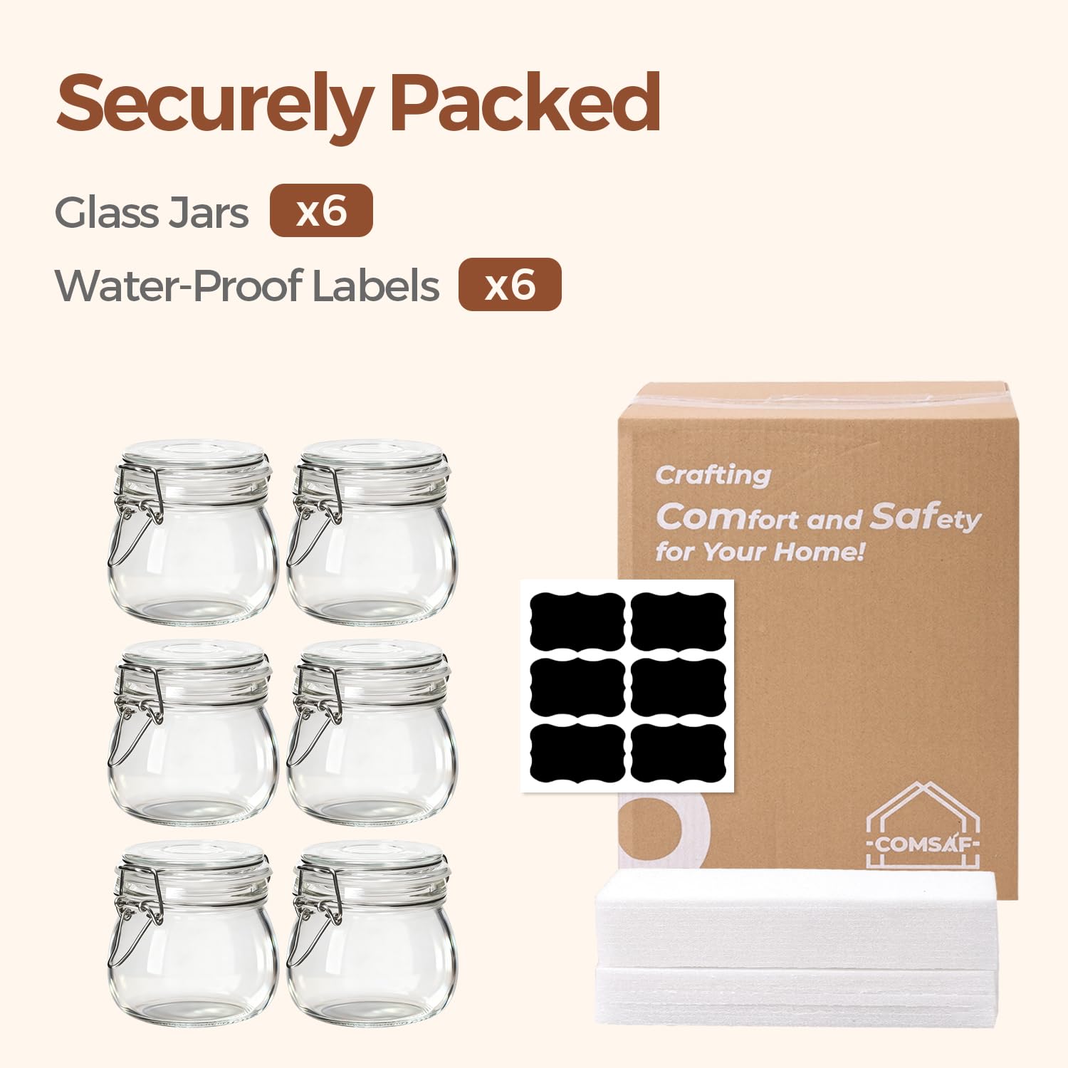 ComSaf jars in kitchen storing snacks and tea for organization