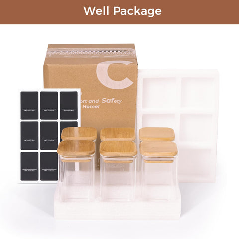 Sturdy glass jars display colorful spices invitingly