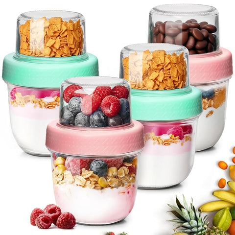 ComSaf dual-layer overnight oats jar showing separate topping compartment for fresh flavor