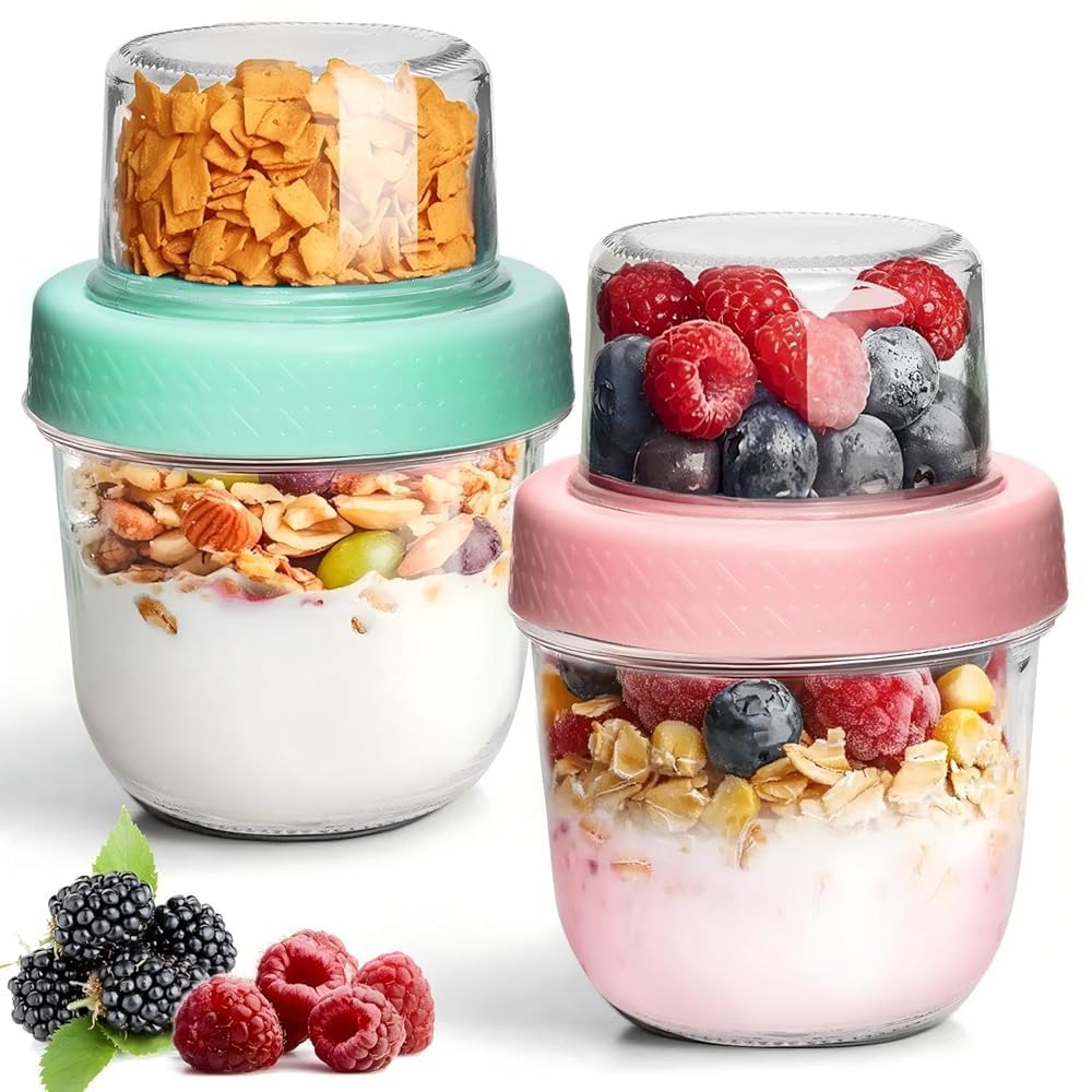 ComSaf dual-layer glass jar shows two compartments for oats and toppings.