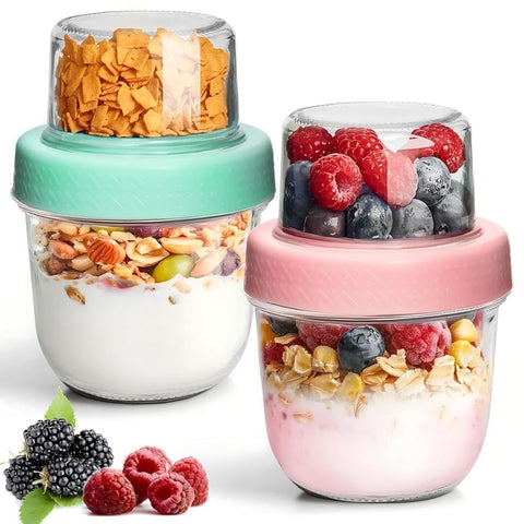 ComSaf dual-layer glass jar shows two compartments for oats and toppings.