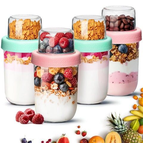 ComSaf overnight oats jar with top compartment for fruits keeps freshness