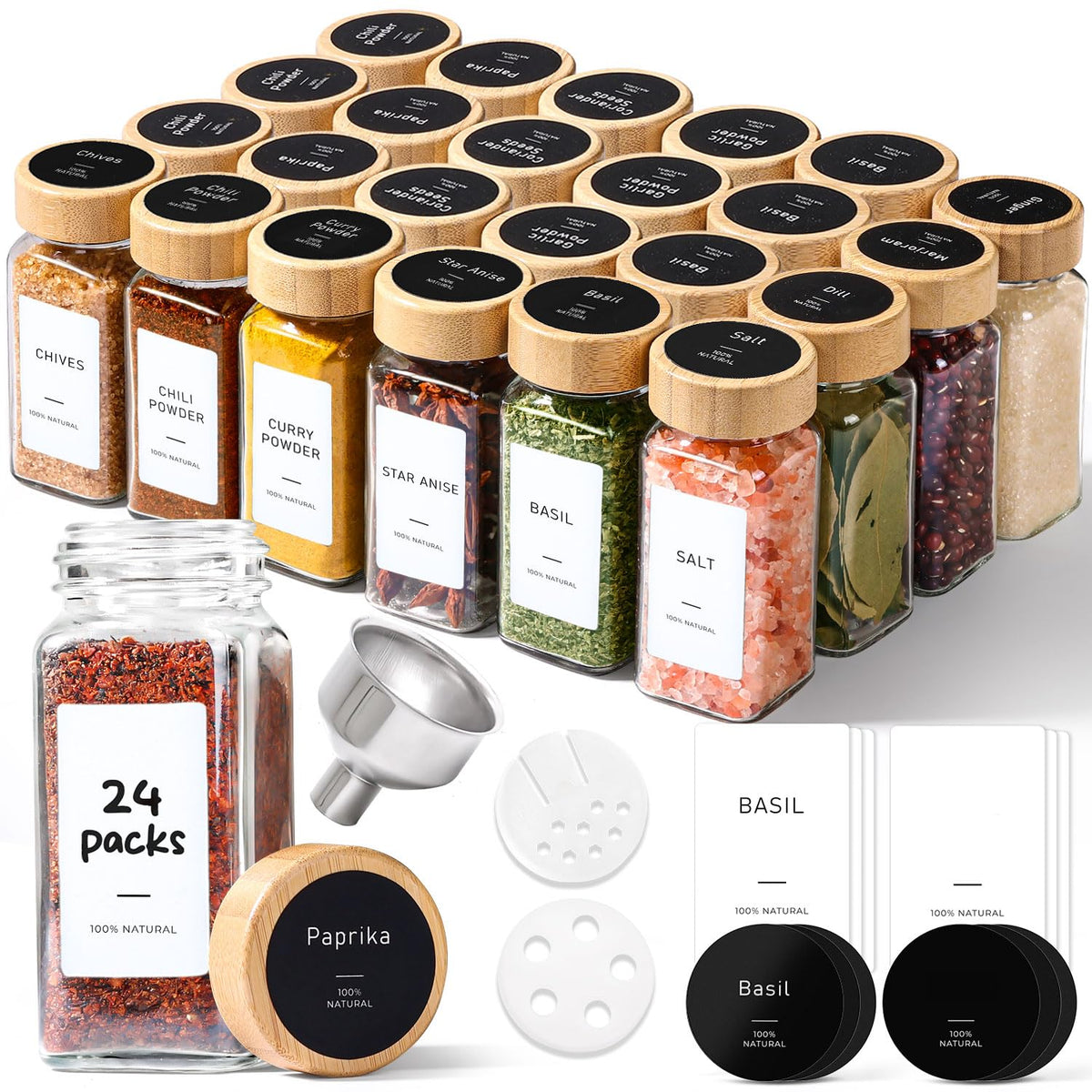ComSaf spice jars 4oz set neatly arranged on a shelf for easy access