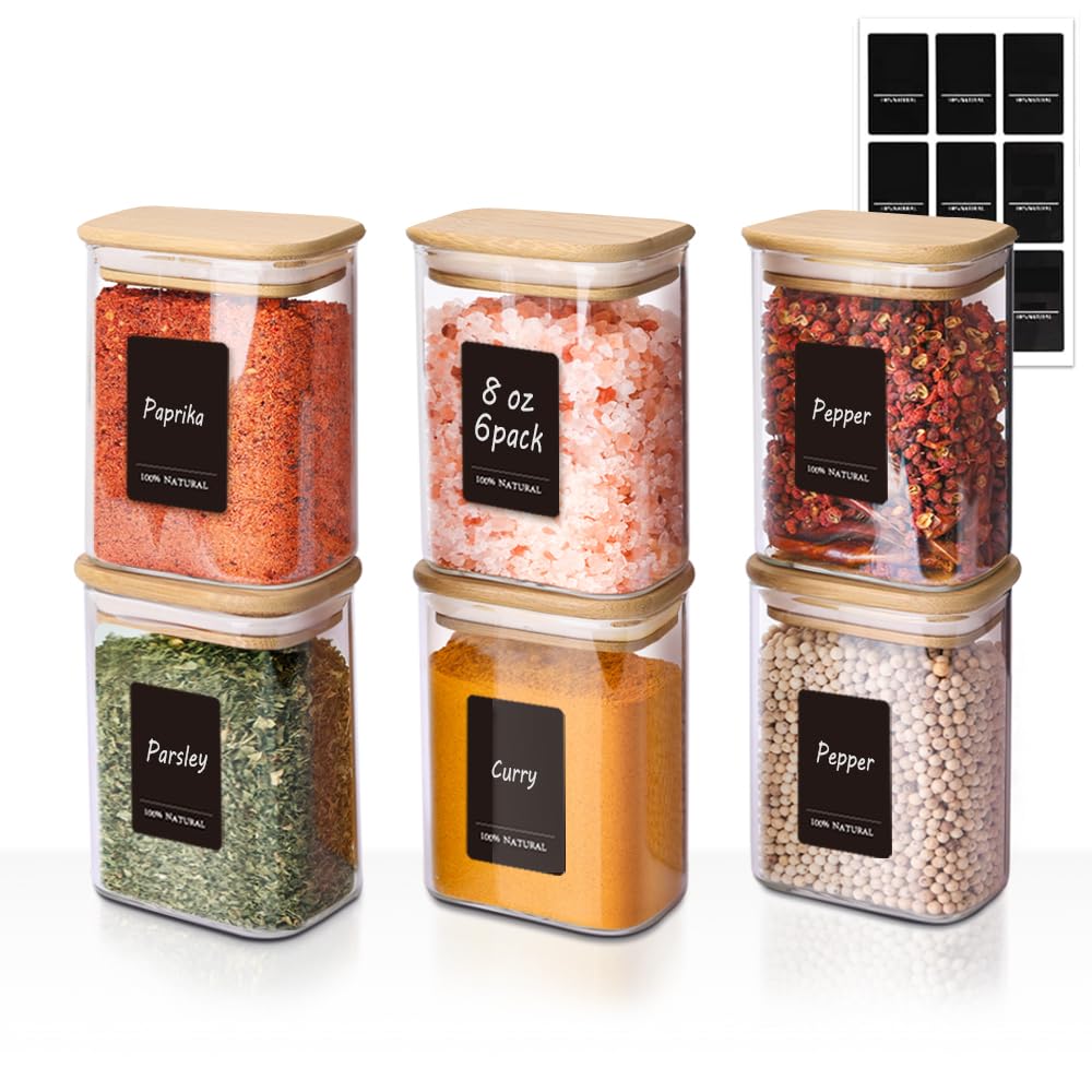 ComSaf 8oz rectangle spice jars with labels for organized bulk spices.