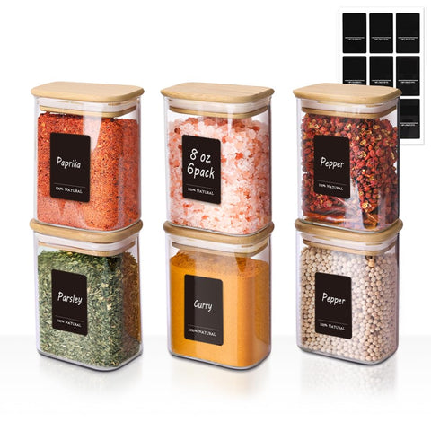 ComSaf 8oz rectangle spice jars with labels for organized bulk spices.