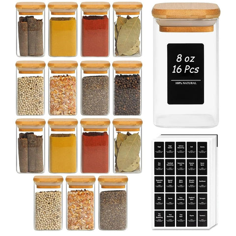 ComSaf Spice Jars with Labels: 8 oz square-set for organized spice storage