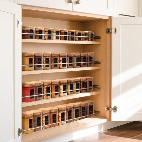 ComSaf square containers stacked neatly to maximize cabinet space