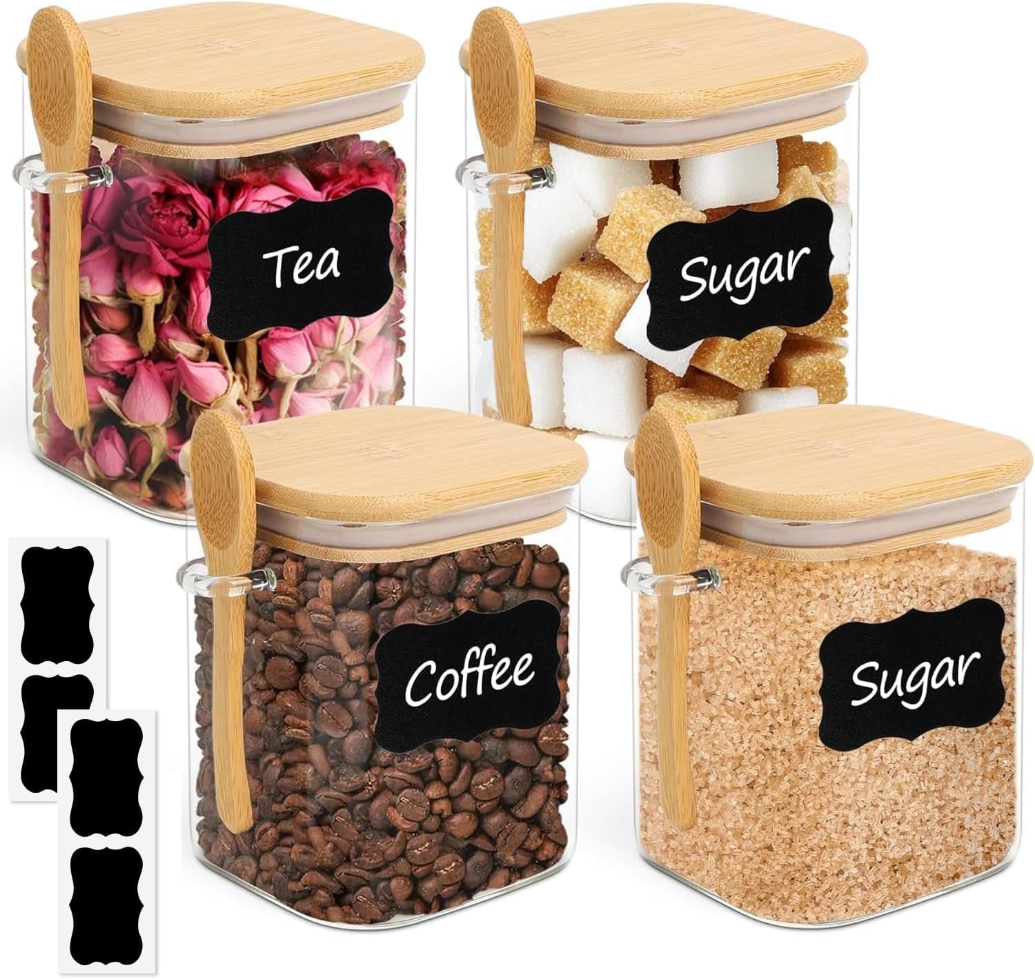 ComSaf square glass jar set with bamboo lids, four pieces, ideal for pantry organization.