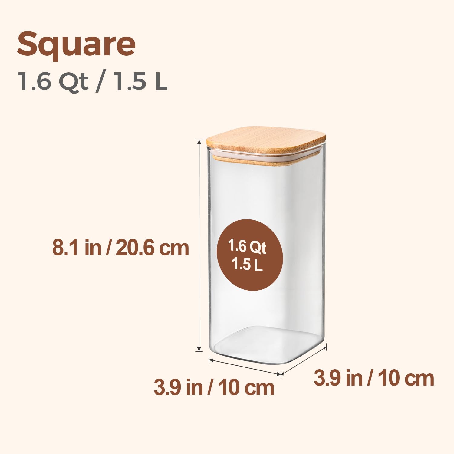 ComSaf square glass jar with clear lid showing contents at a glance.