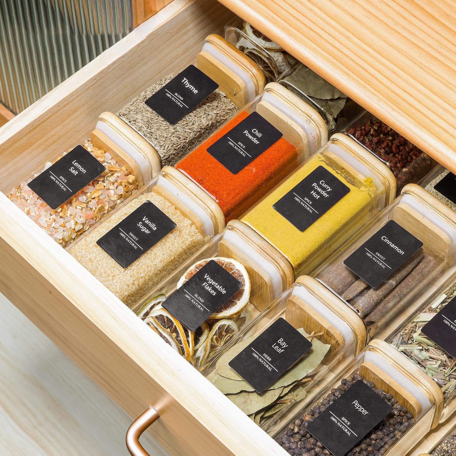 Stackable square jars maximize cabinet space and keep counters tidy.