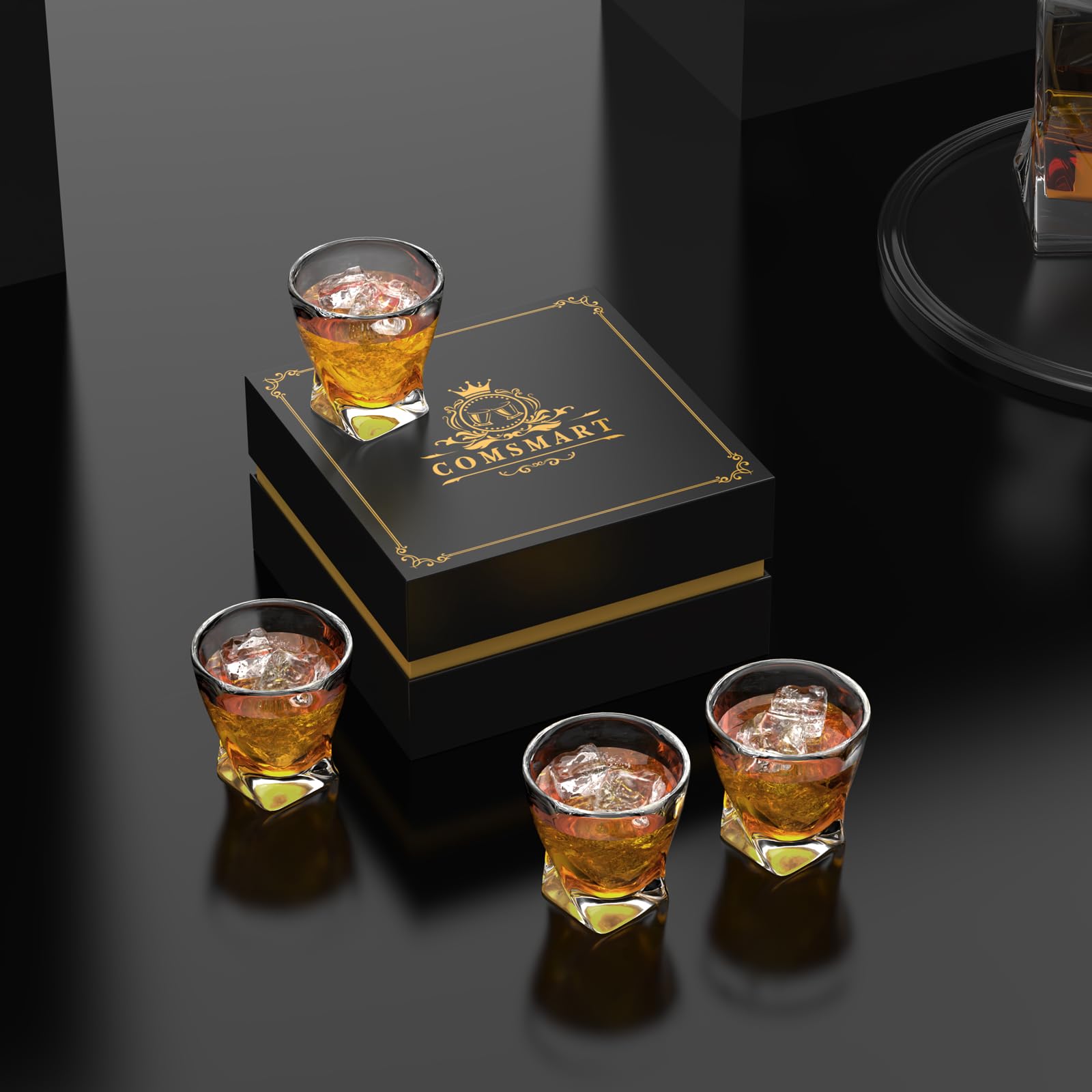 Comsmart whiskey glass crystal close up highlights clear glass and thick walls.