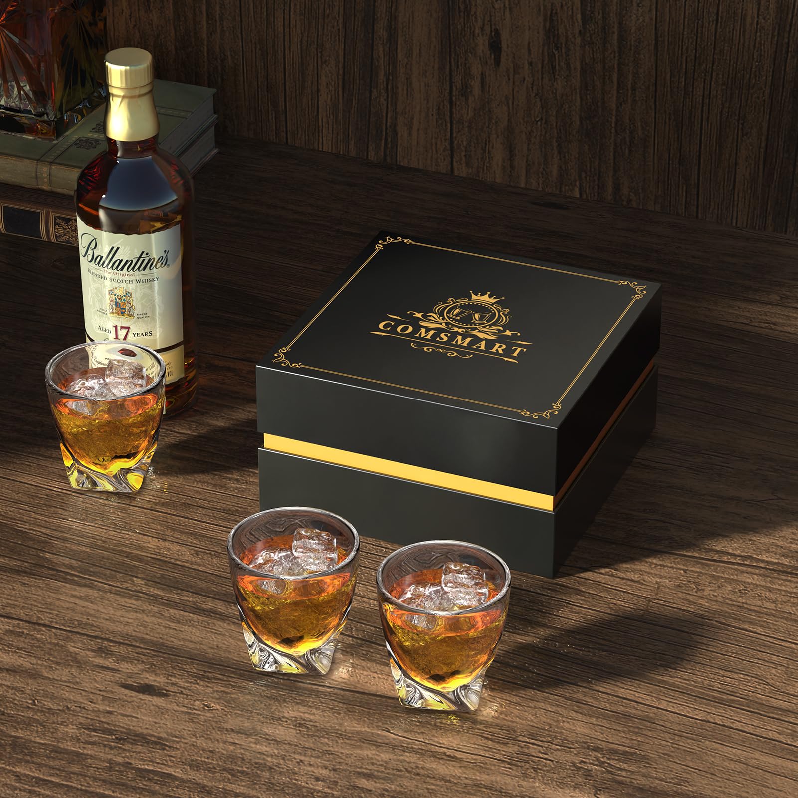 Comsmart whiskey glass elegant design enhances hand feel during sipping.