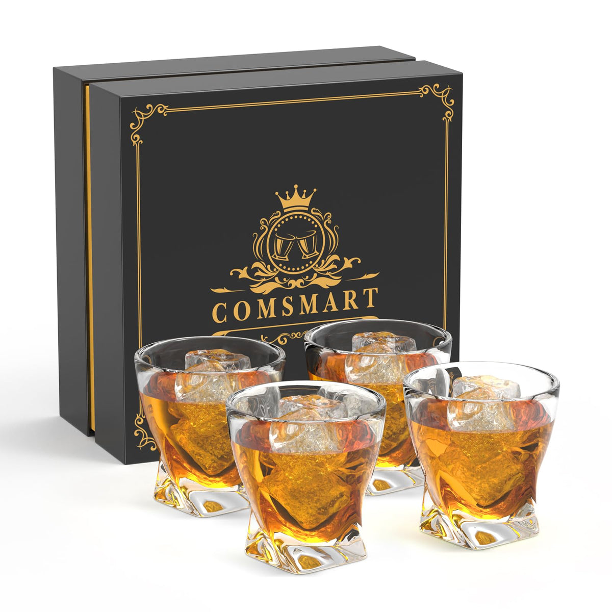 Comsmart whiskey glass with luxury box shows crystal clarity and premium packaging.