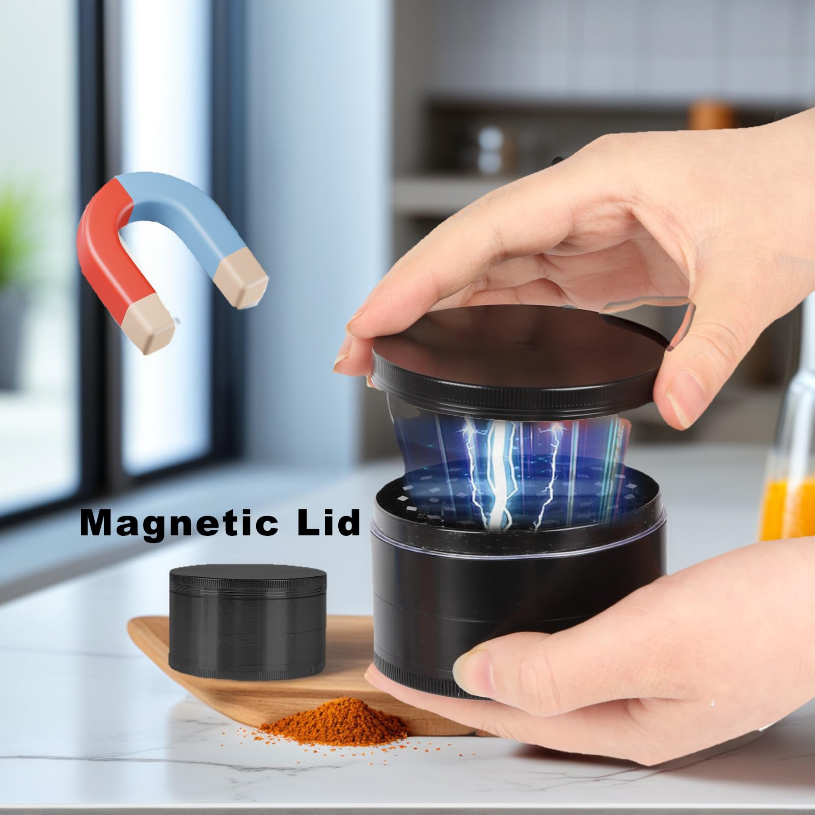 Comsuransly 3-inch spice grinder black interior shot shows compact grinding chamber.