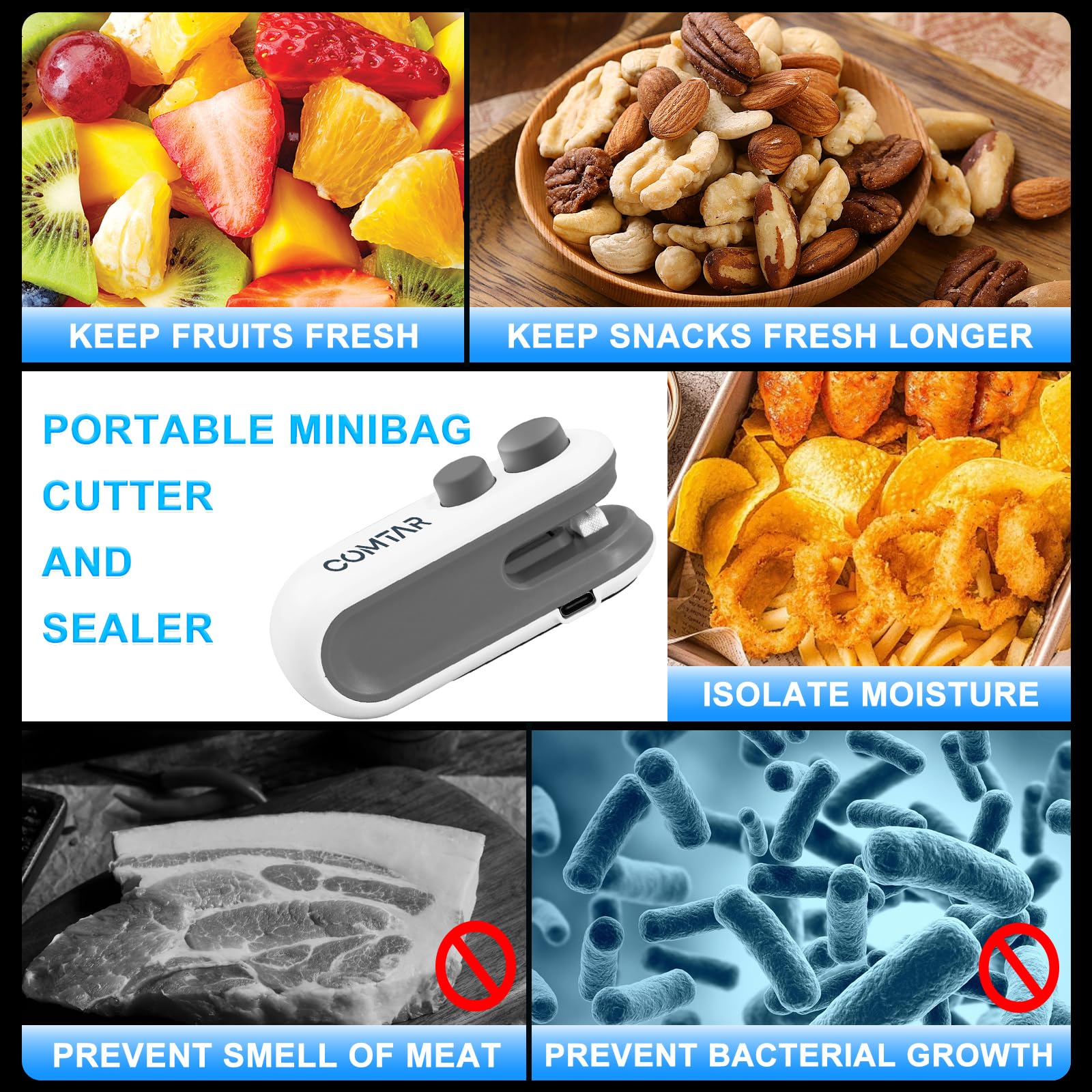 COMTAR Mini Bag Sealer USB-C charging keeps it powered without batteries.